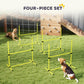 Four-piece yellow dog agility jump bar set with black clamps and multiple hurdle sections