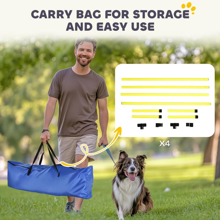Blue carry bag with yellow dog agility jump bar set pieces for storage and transport