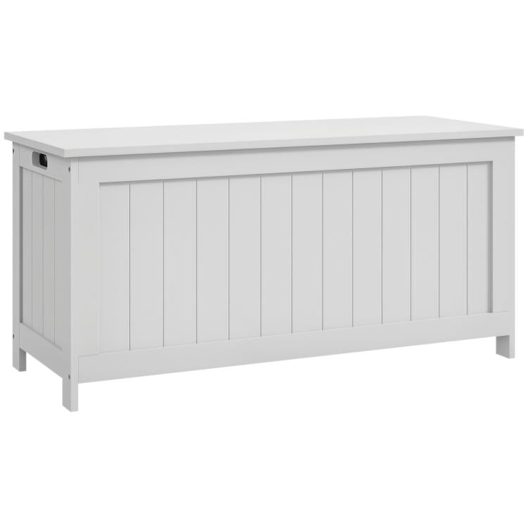 White wooden storage bench trunk with slatted front panels and hinged lid
