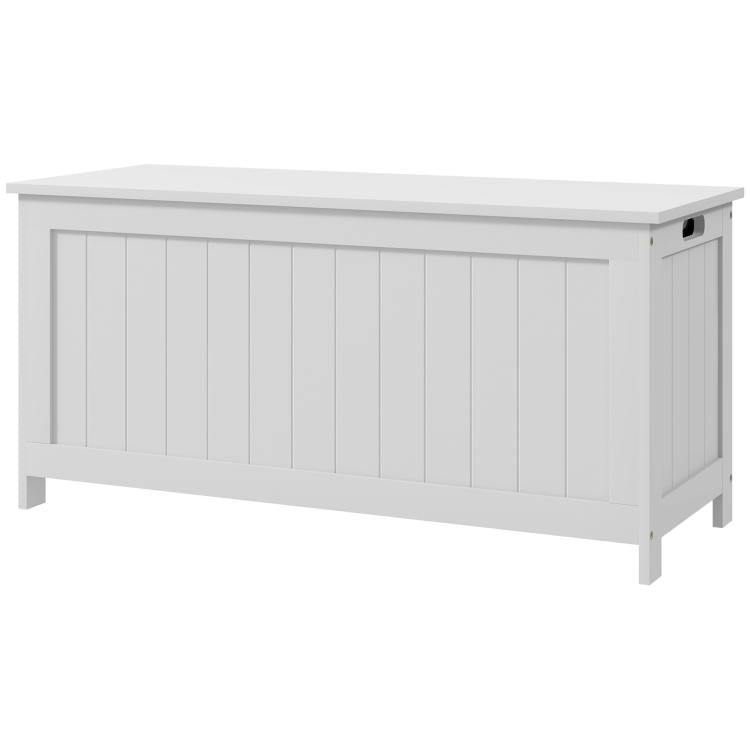 White wooden storage bench trunk with slatted front panel and side wall detail