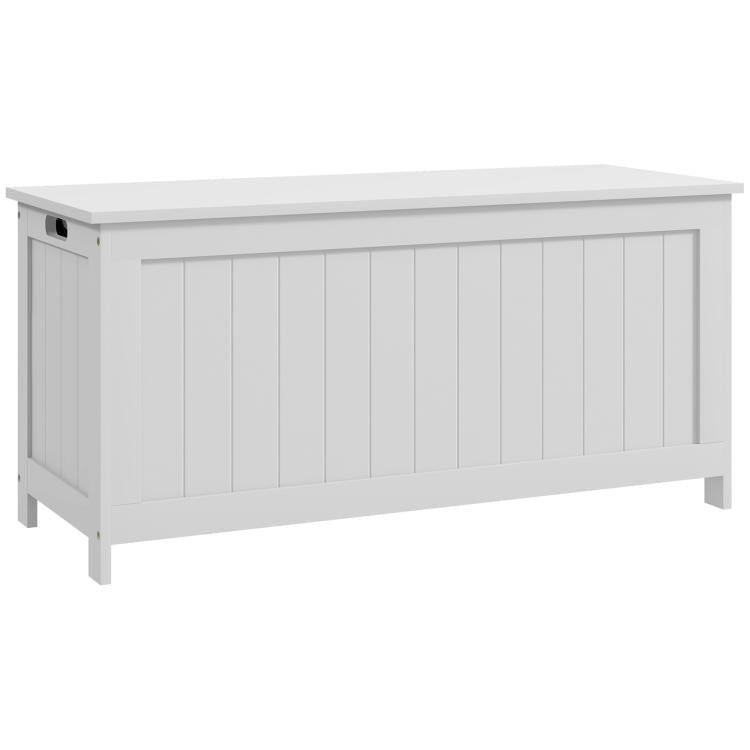 White wooden storage trunk bench with slatted front panels and wide top