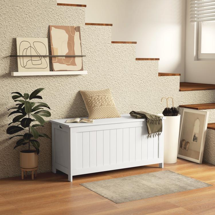 White wooden storage trunk bench with lid closed and side handles on both ends