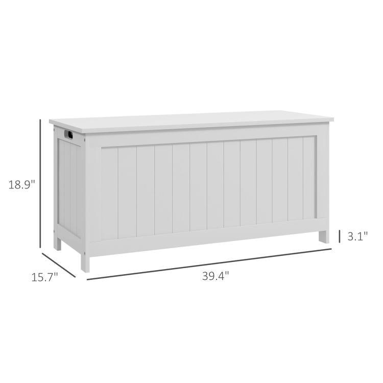 White wooden storage bench trunk, 39.4 in long with slatted front panels