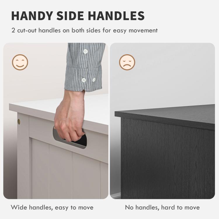 White side cut-out handle on storage trunk bench for easy lifting and carrying