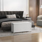White wooden storage bench trunk with lid closed and slatted front panels