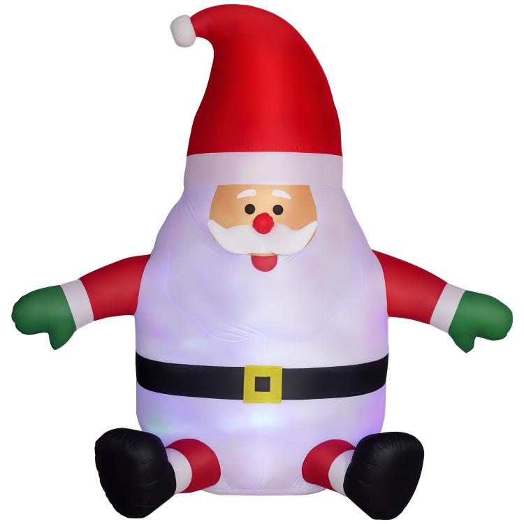 Inflatable Santa yard decoration with red hat, white beard, green striped arms and black boots