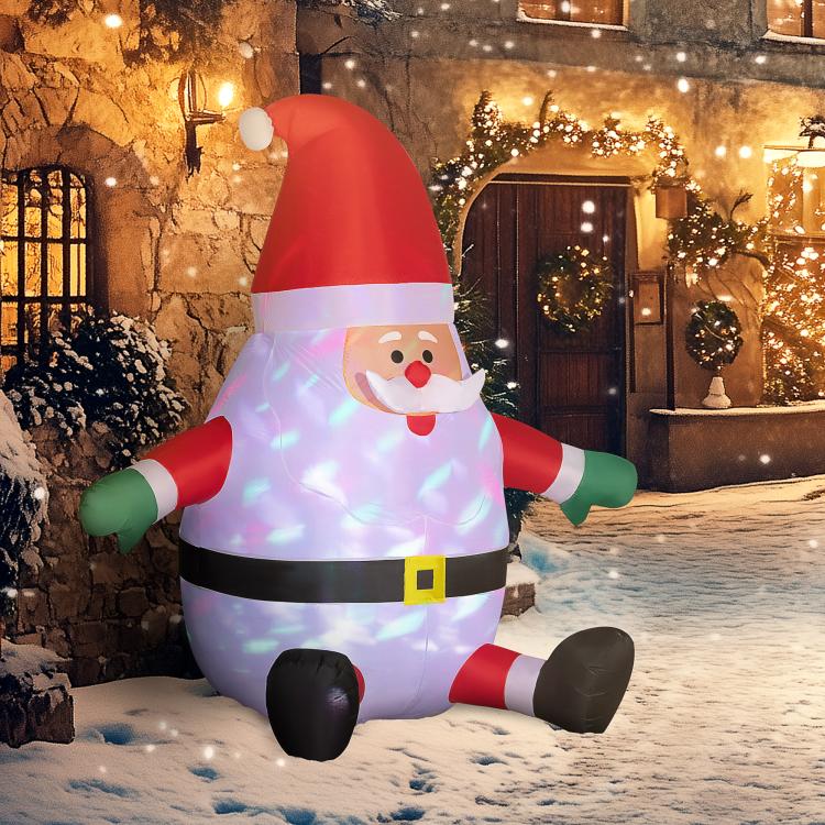 Outdoor inflatable Santa figure with red hat, white beard, green striped arms and glowing belly