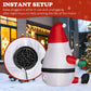 Inflatable Santa with built-in blower outlet on lower body and side view near lights