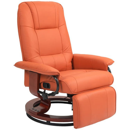 Orange manual recliner with padded armrests, footrest, and wrapped wood base