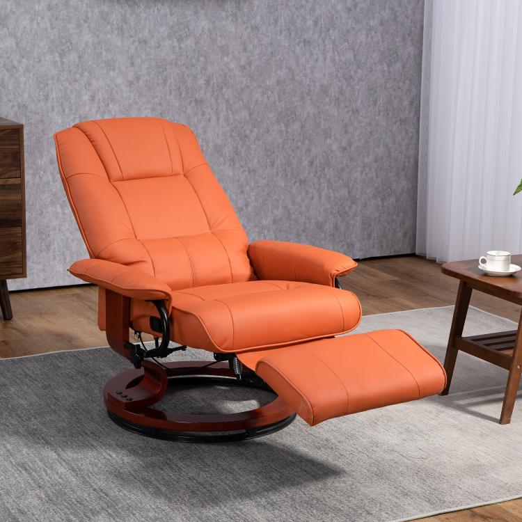 Orange manual recliner lounge chair with extended footrest and cushioned back