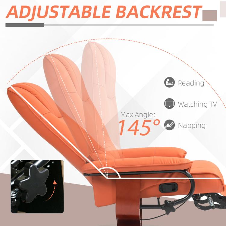 Orange recliner with adjustable backrest and padded seat upholstery
