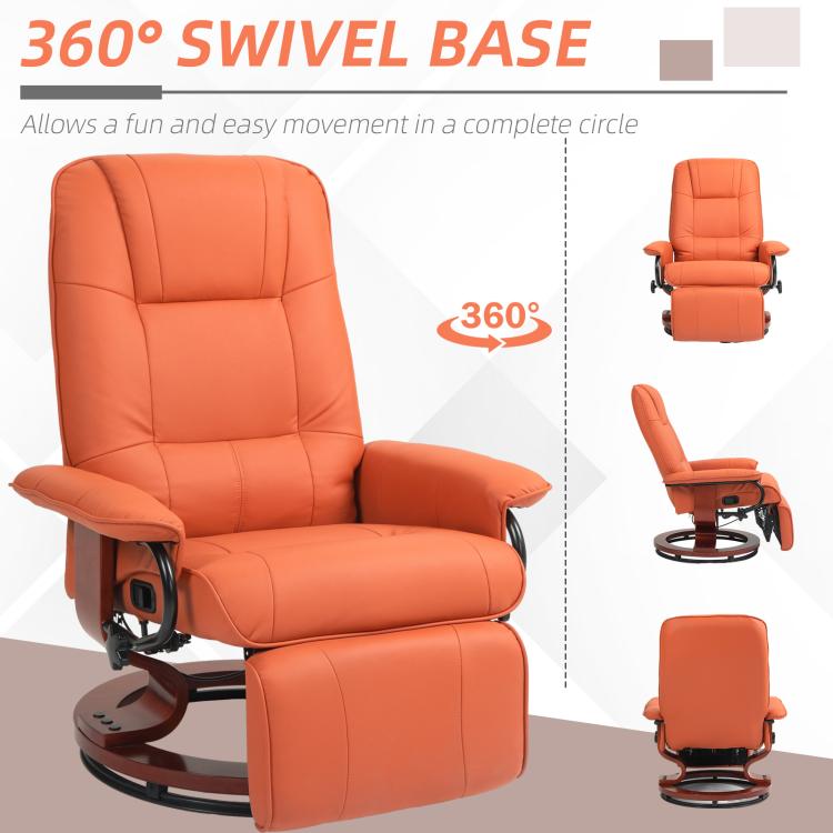 Orange swivel recliner chair with 360-degree rotating base