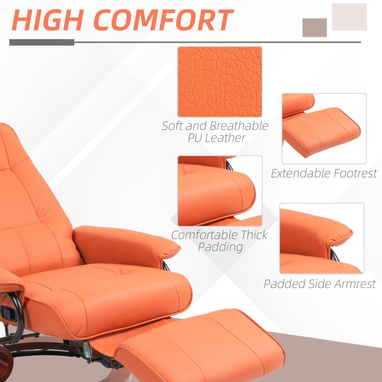Orange recliner chair with padded side armrest and extendable footrest