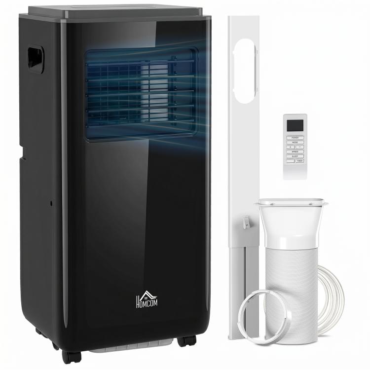 Black portable air conditioner with front grille and built-in control panel