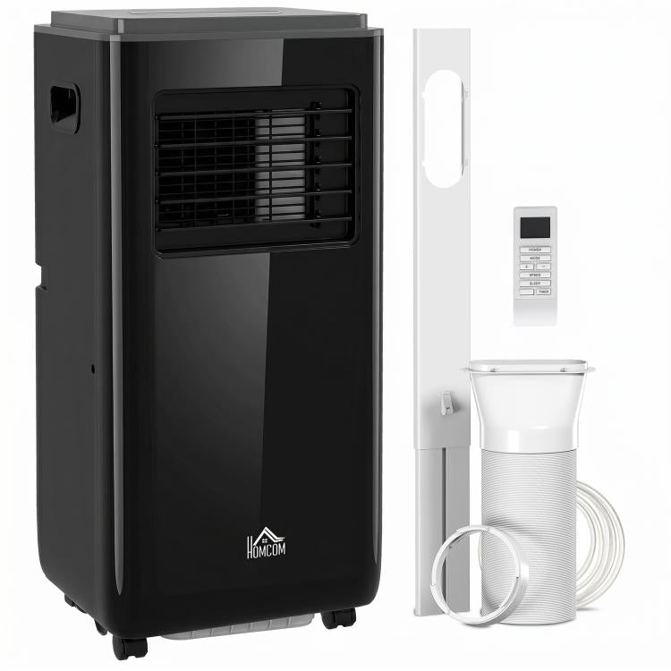 Black portable air conditioner with front vent, plus window kit and remote controls