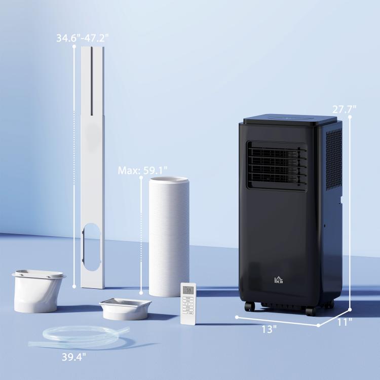 Black portable air conditioner with window kit components and hoses