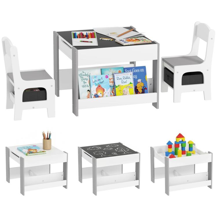 Kids table and chair set with gray tabletop, storage shelves, and 2 white chairs