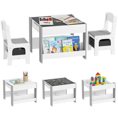 Kids table and chair set with gray tabletop, storage shelves, and 2 white chairs