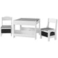 Kids table with gray top, open storage shelves, and 2 white chairs with drawer fronts