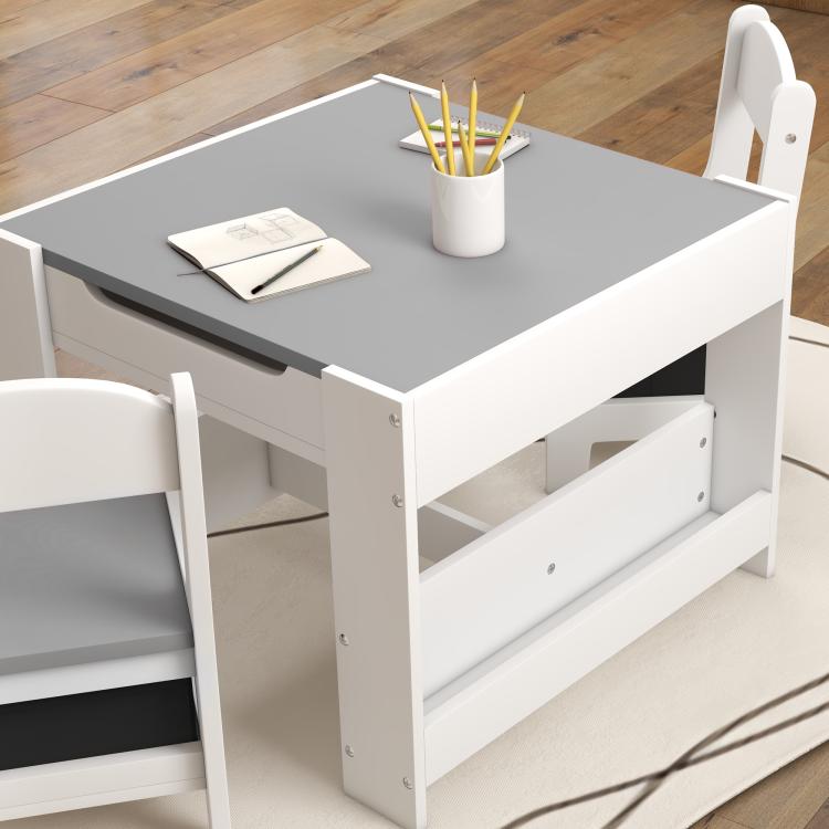 Kids table set: gray tabletop blackboard with storage shelf and one chair