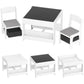 Kids table and two chairs with black tabletop and gray seat panels, white frame
