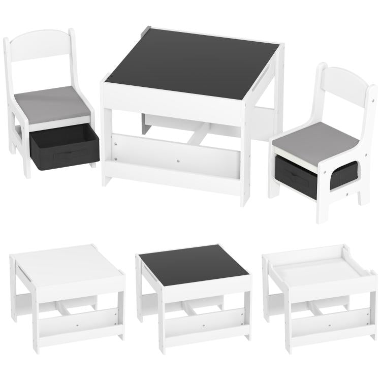 Kids table and two chairs with black tabletop and gray seat panels, white frame