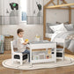 Kids table and chair set with gray tabletop, built-in shelves, and two white chairs