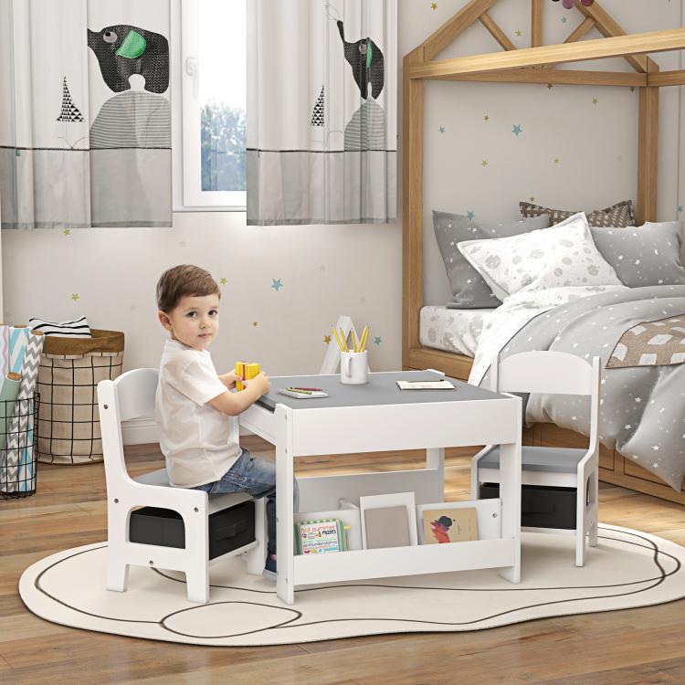 Kids table and chair set with gray tabletop, built-in shelves, and two white chairs