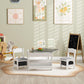 Kids table and chair set with gray tabletop, open shelves, and two white chairs