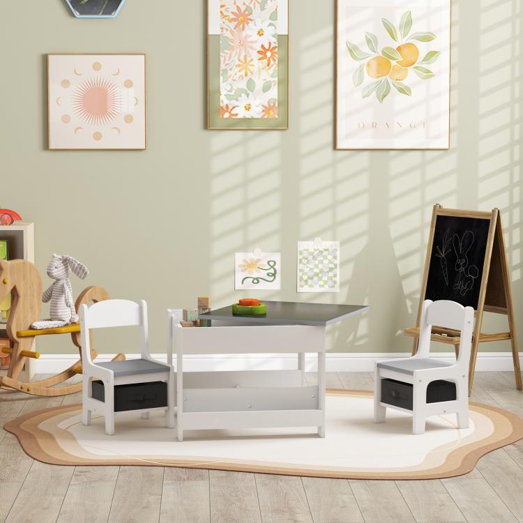 Kids table and chair set with gray tabletop, open shelves, and two white chairs