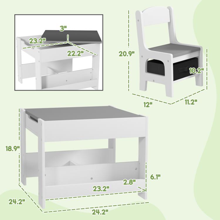 Kids table and chair set size diagram: gray tabletop and white chair dimensions