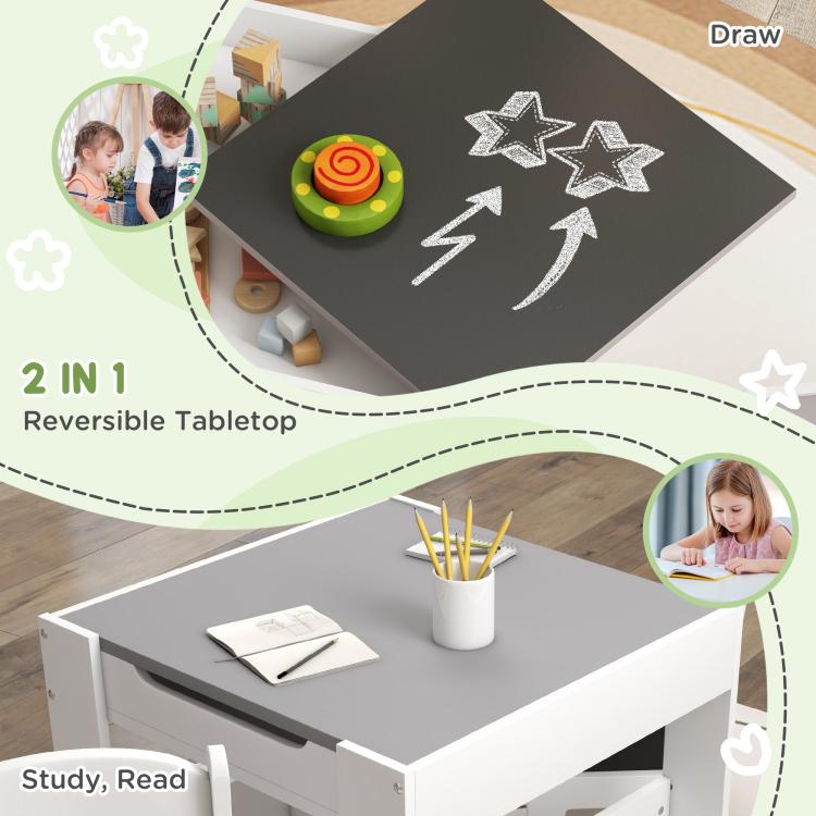Kids reversible tabletop table with gray board surface and built-in storage shelves