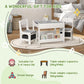 Kids table and chair set with gray tabletop, storage shelves, and 2 white chairs with bins