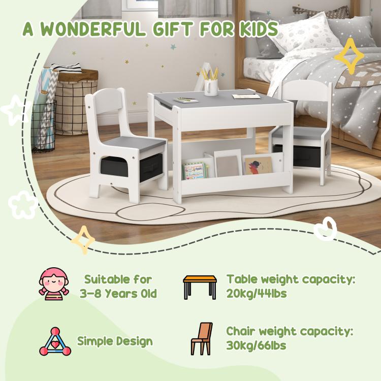 Kids table and chair set with gray tabletop, storage shelves, and 2 white chairs with bins
