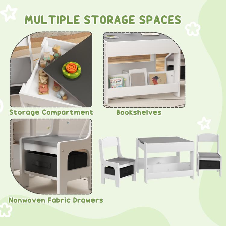 Kids table set showing storage compartments, bookshelves, and nonwoven fabric drawers