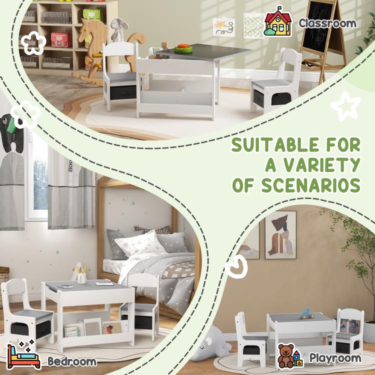 Kids table and chair set shown with storage shelves and chairs for everyday spaces