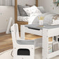 Kids table and chair set close-up with gray tabletop, white chairs, and under-shelf bins