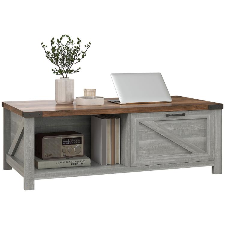 Distressed gray coffee table with wood top, open shelf, and cabinet drawer
