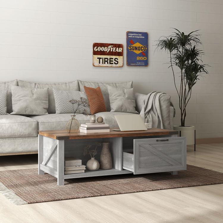 Farmhouse living room coffee table with wood top, drawer, and open shelf