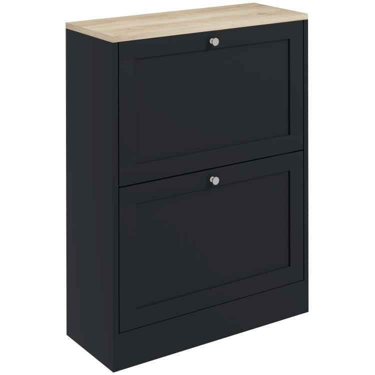 Black slim shoe storage cabinet with two flip drawers and light wood top