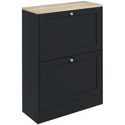 Black slim shoe storage cabinet with two flip drawers and light wood top