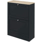 Black shoe cabinet with two flip-front drawers and light wood top, front view