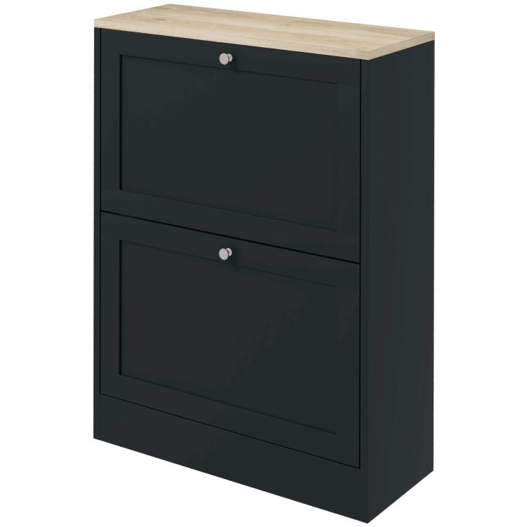 Black shoe cabinet with two flip-front drawers and light wood top, front view