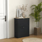 Black shoe storage cabinet with light wood top and two flip drawers, in entryway