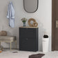 Black slim shoe cabinet with light wood top and two flip drawers, beside bench