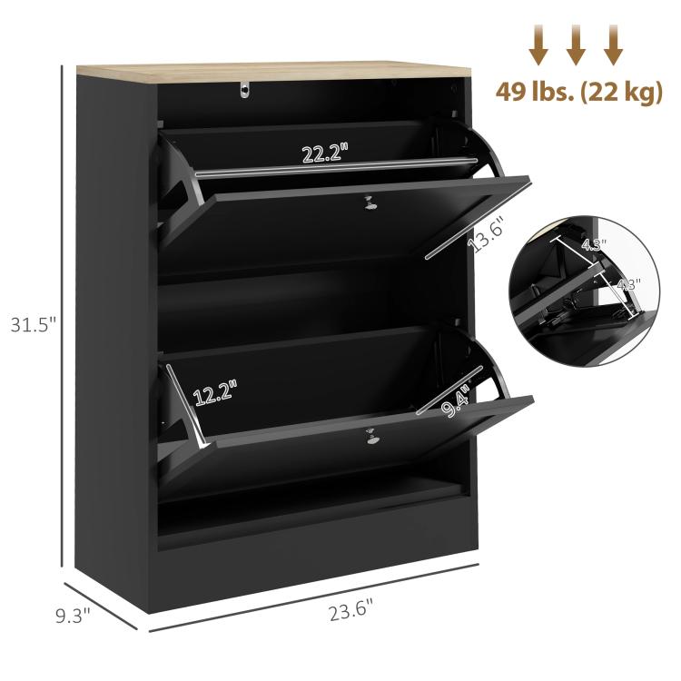 Black shoe cabinet open to reveal flip drawers and multiple interior shelves