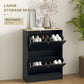 Black shoe storage cabinet open, showing shoe compartments behind flip drawers
