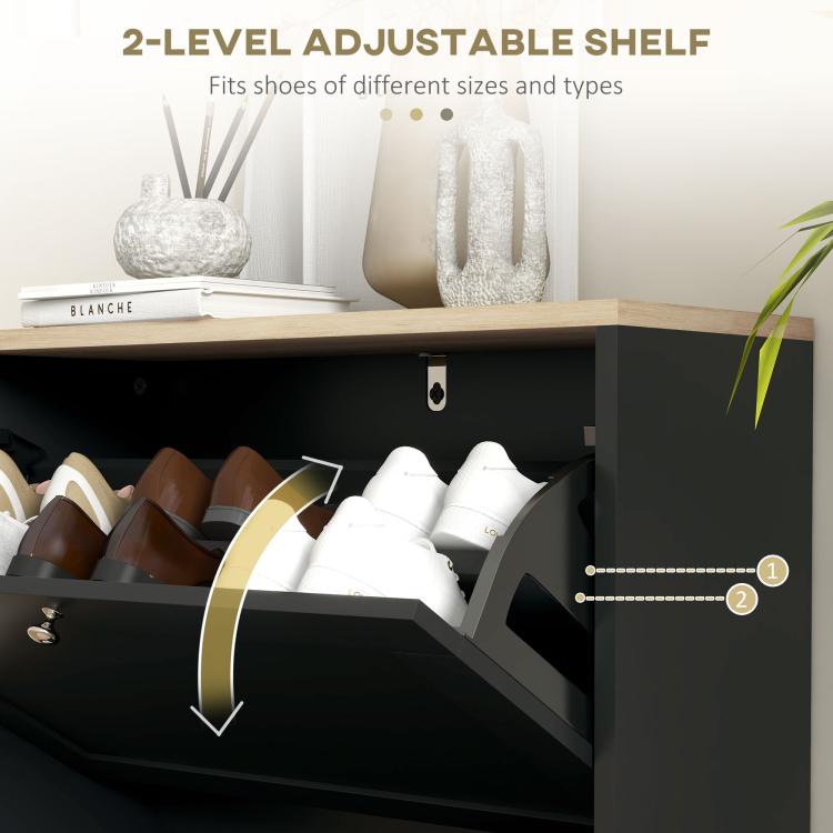 Black flip shoe cabinet interior with adjustable shelf positions for different shoe sizes