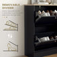 Open black shoe cabinet with visible removable divider between shoe compartments
