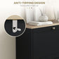Black shoe cabinet with anti-tip bracket and two flip drawers, top corner detail